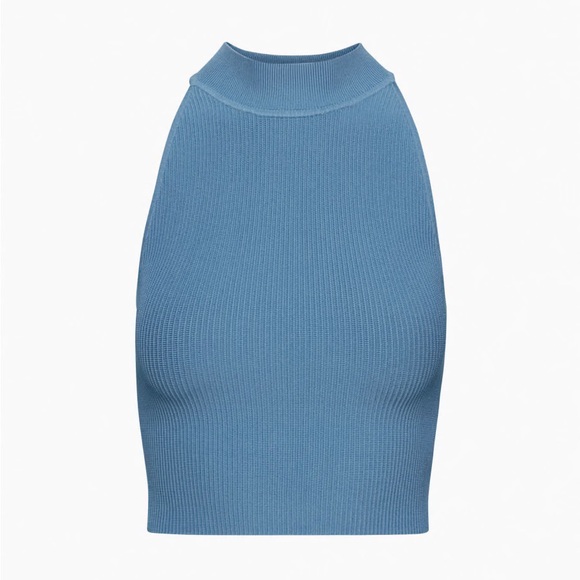 Aritzia Tops - Aritzia Sculpt Knit Mockneck Halter Top Ribbed Halter In Flagstone Blue